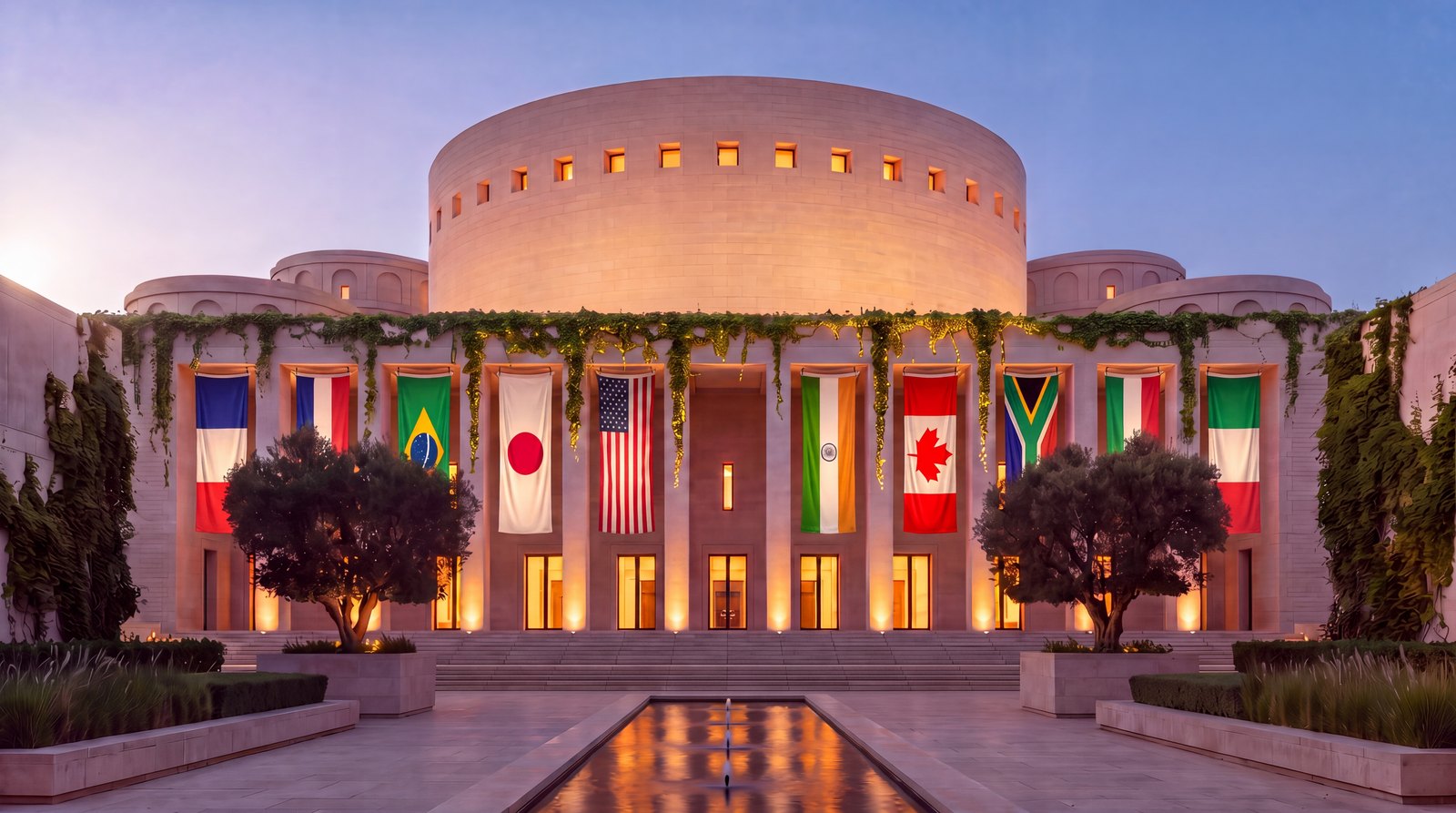 The fair building at dusk, flags along the colonnade